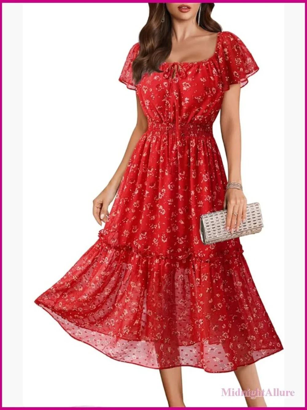 Floral Midi Dress Ruffle Sleeve Smocked Waist Wedding Guest Dress